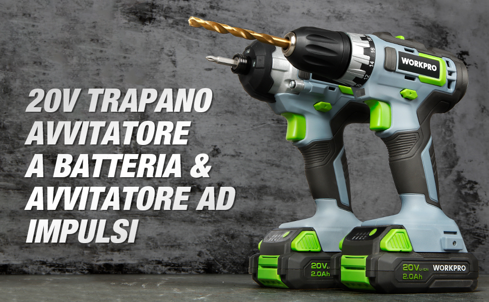 WORKPRO Набір акумуляторних шуруповерт та ударний шуруповерт 20V 2.0Ah (2 акумулятори, зарядний пристрій, 6 свердл, 10 біт)