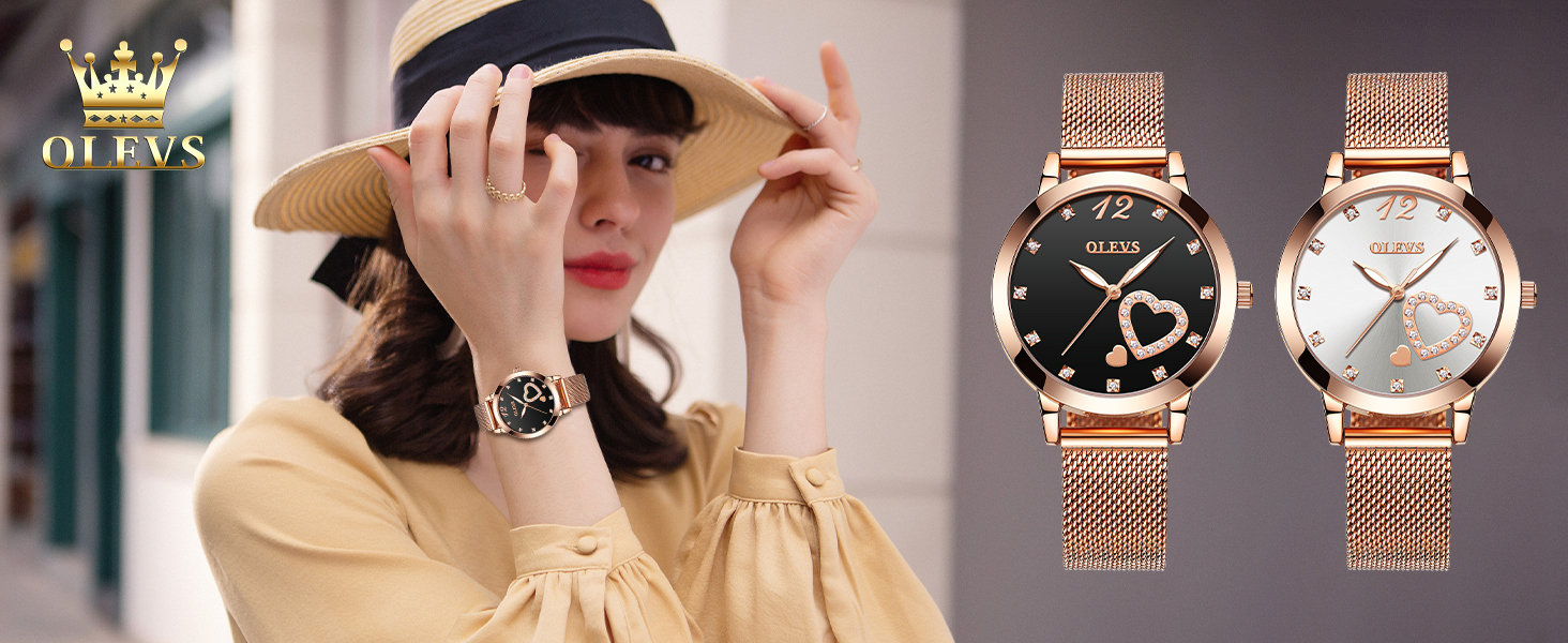 Годинник жіночий OLEVS рожеве золото з серцем та діамантом, чорно-білий циферблат, кварц, водонепроникний, комплект з браслетом, моделі 5189, рожевий