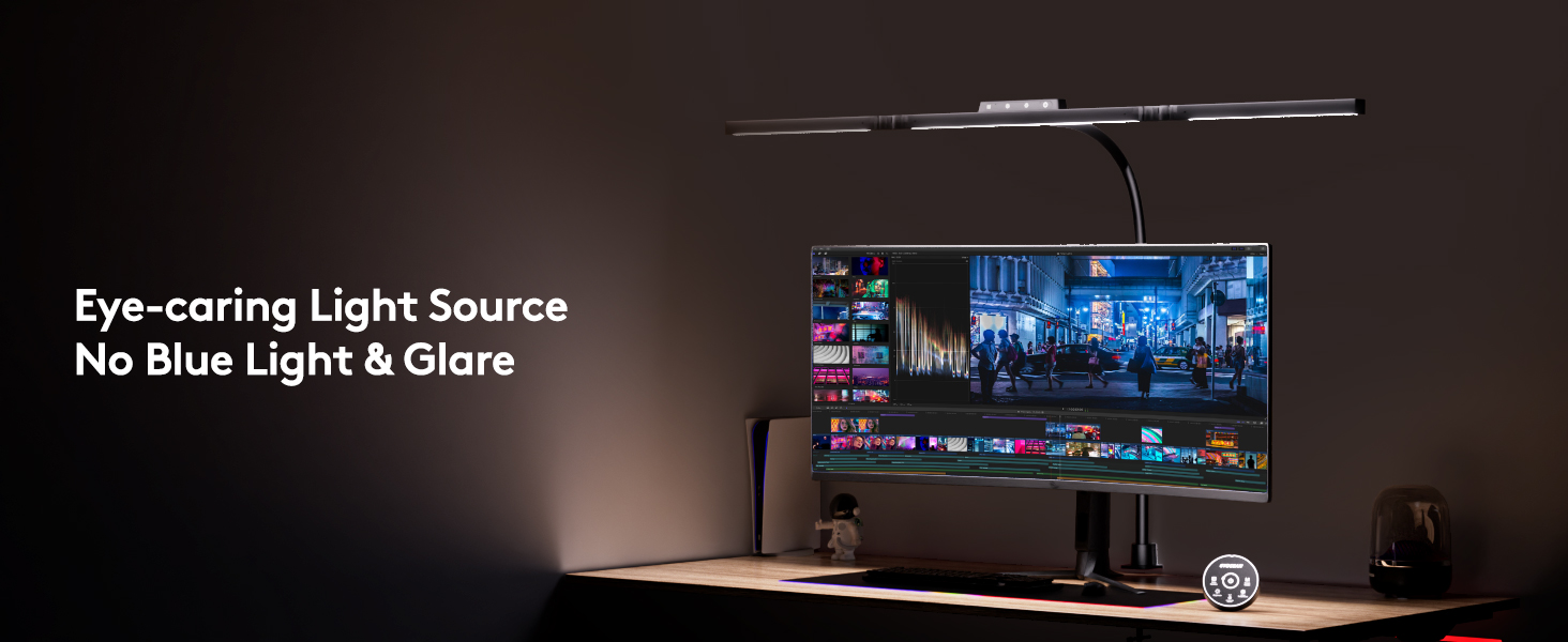 Настільна лампа для робочого столу з 3 джерелами світла, 24W, 100см, денне світло, з пультом дистанційного керування, регульована яскравість, лампа для монітора, модель «Лебідь», матовий чорний колір