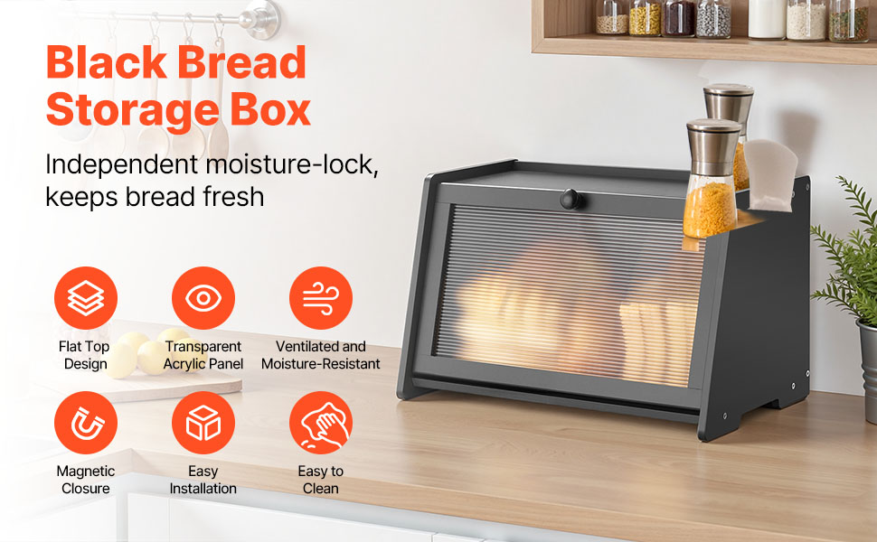 Дерев'яна коробка для хліба VEVOR: органайзер для зберігання з акриловою кришкою, чорний