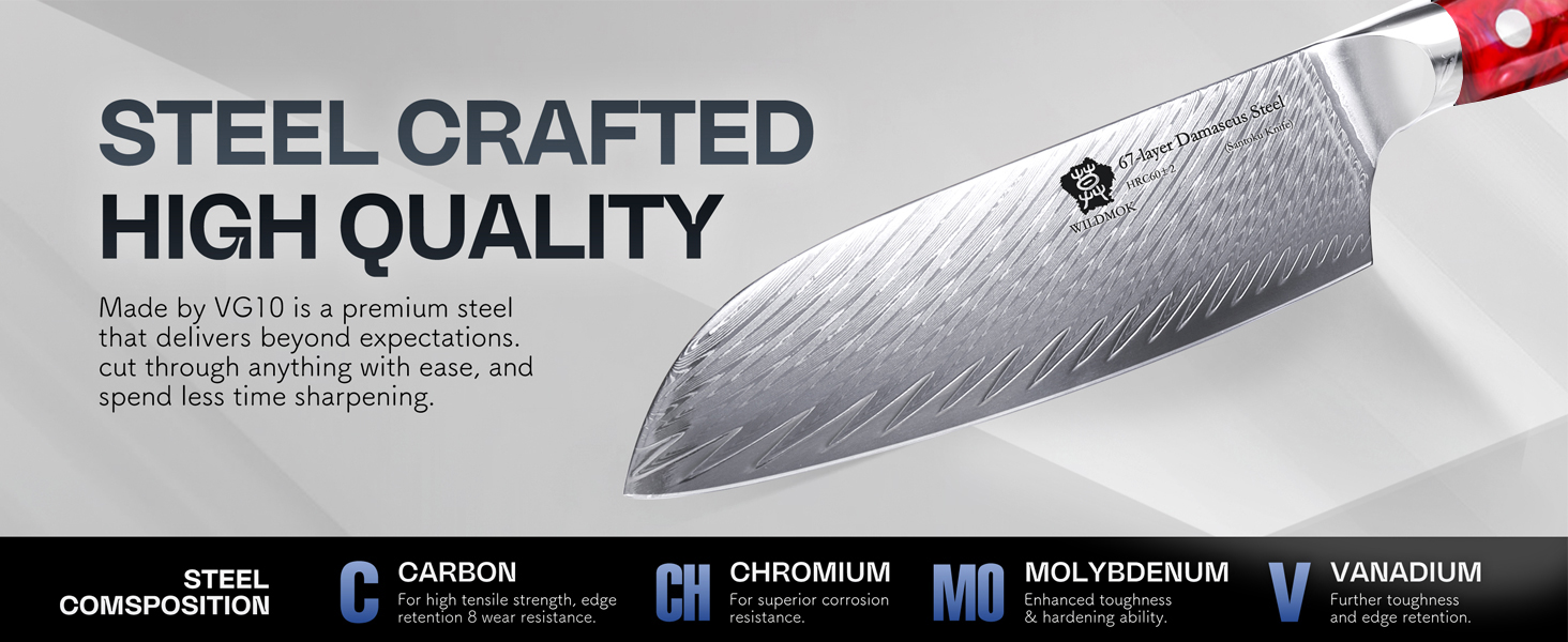 Ніж кухонний WILDMOK Santoku 17 см, професійний японський ніж з дамаської сталі VG10, червона рукоятка