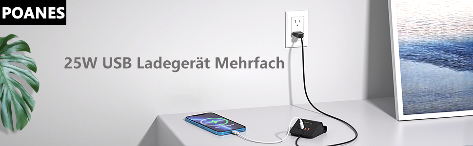 Багатопортова USB зарядка POANES 25W, 4 порти для iPhone, Samsung, LG, Huawei та інших (чорний)