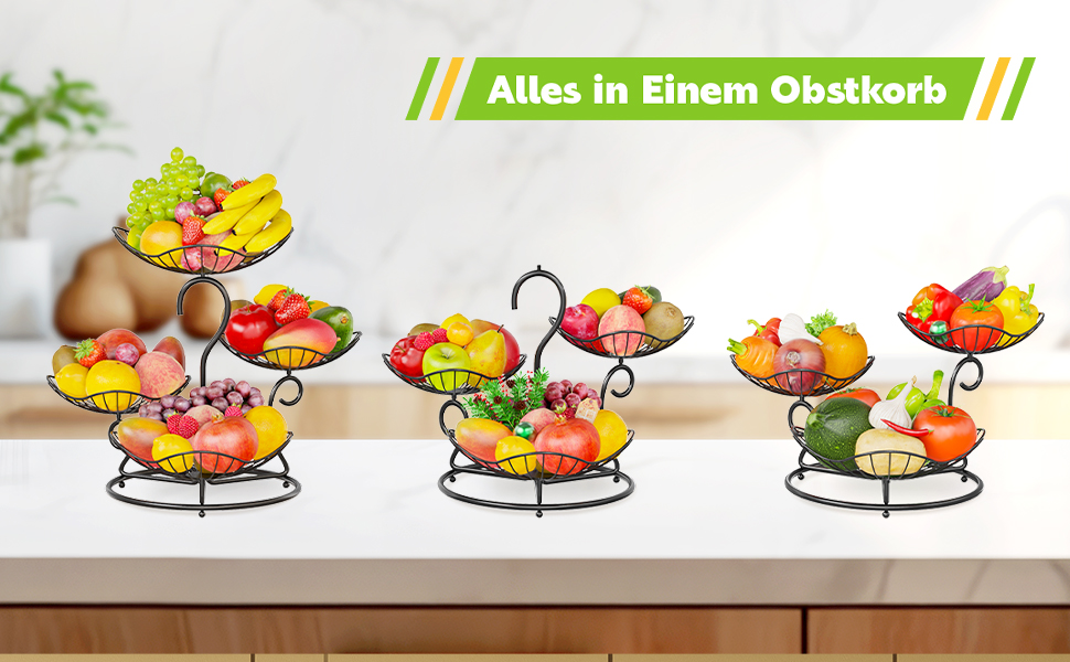 PouHenier 5-ярусна металева фруктова корзина для зберігання фруктів та овочів, чорного кольору з підставкою для бананів