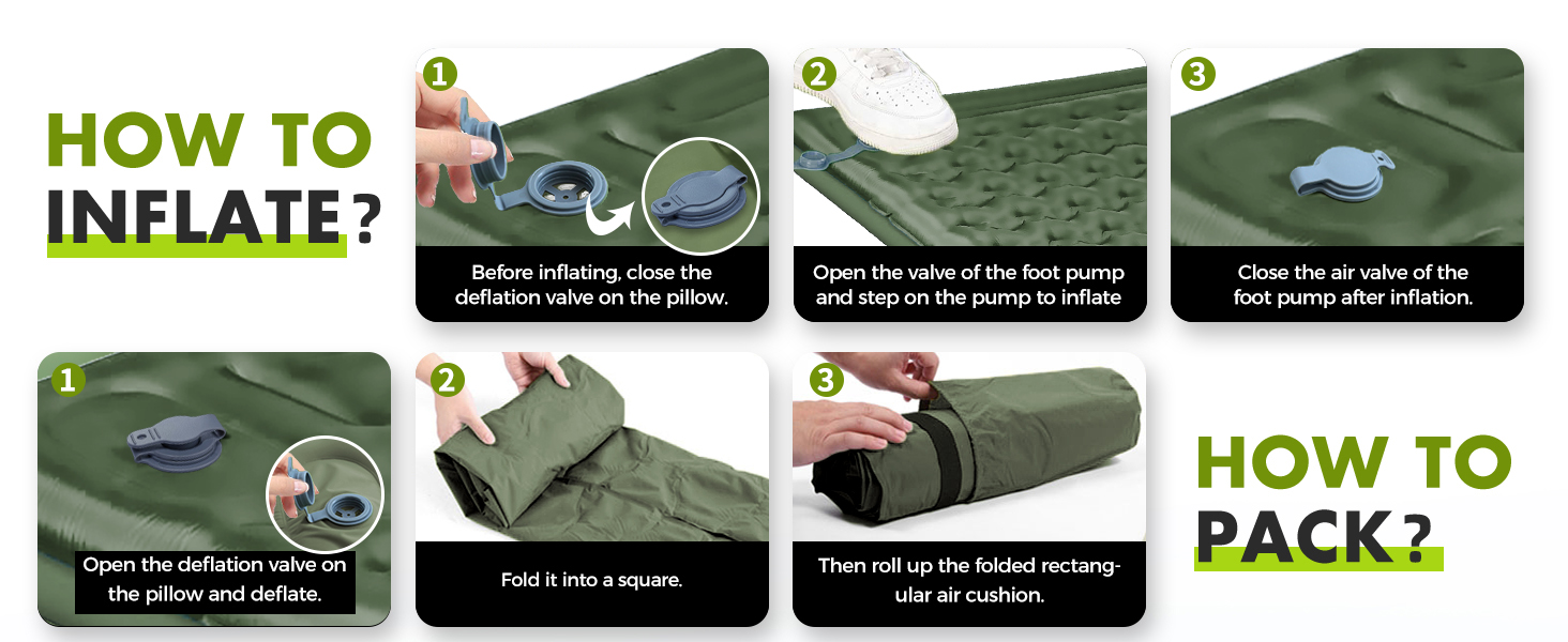 Airminti Self-Inflating Camping Mat - 12cm Thick, Lightweight Air Mattress with Foot Pump & Pillow - Outdoor Sleeping Pad for Camping, Trekking, Beach & Festival - Compact, Army Green (2 Person)