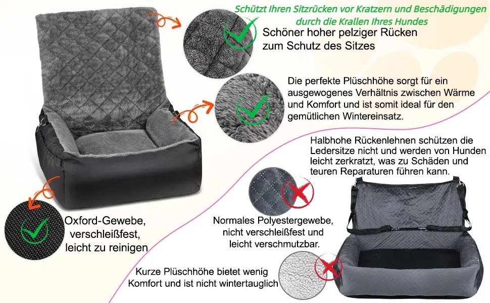 Автокрісло для собак SIVEIS – зручне ліжко з плюшу та кишеню для зберігання, чорне