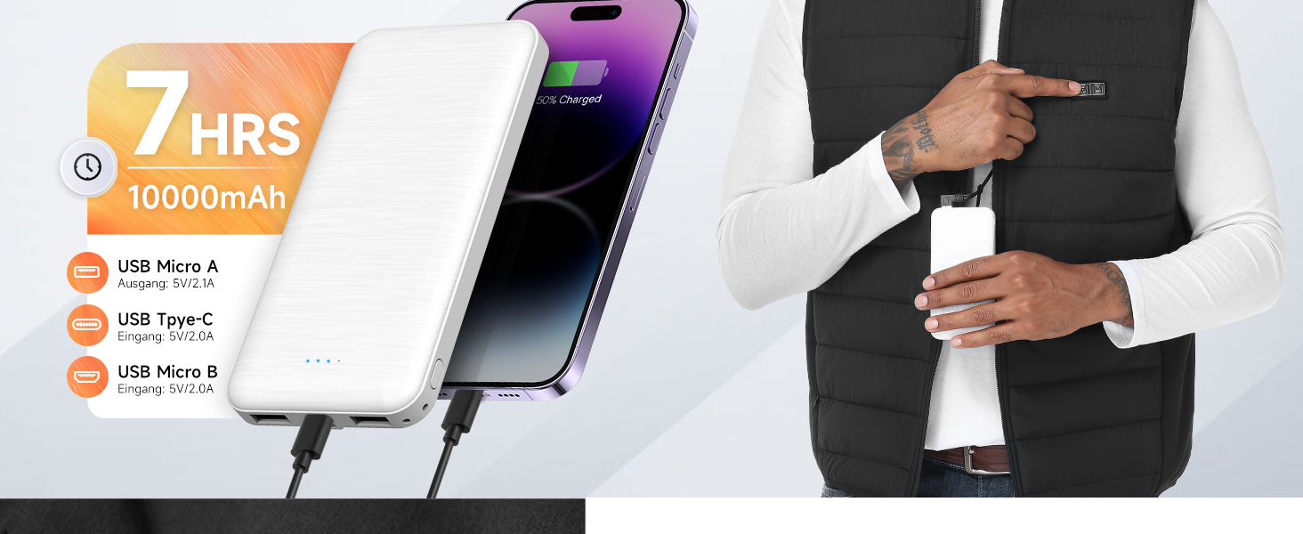 Обогріваючий жилет, жилет з підігрівом для жінок та чоловіків, тепла куртка з акумулятором, куртка з підігрівом з Powerbank, 7.4V/5.0V куртка з 3 рівнями налаштування температури, 6 зон обігріву, теплий жилет, зимова куртка, водонепроникний одяг з акумулятором, чорний - 10000mAh 5V Powerbank