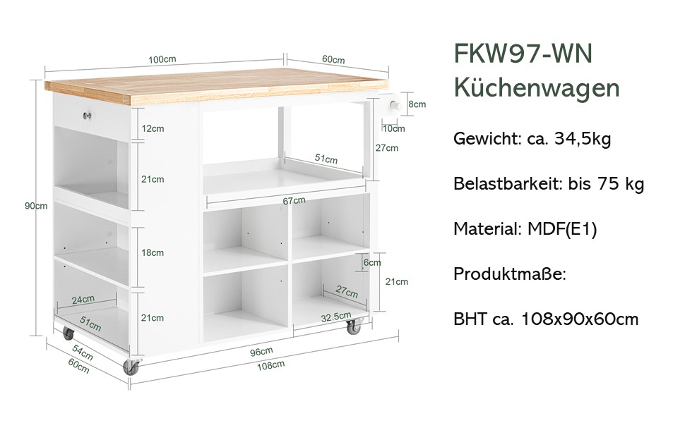 SoBuy Küchenwagen з роликами, кухонний візок з робочою поверхнею, кухонний візок, окрема кухонна острівка з шухлядами, кухонна шафа білого та натурального кольору, 108x90x60 см