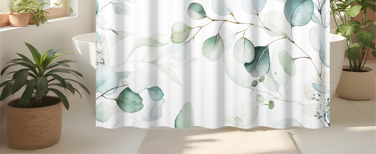 Штора для душу 120x200 см з евкаліптом, зелені листя, акварель, анти-грибок, водонепроникна, поліестер, з гачками для ванної кімнати