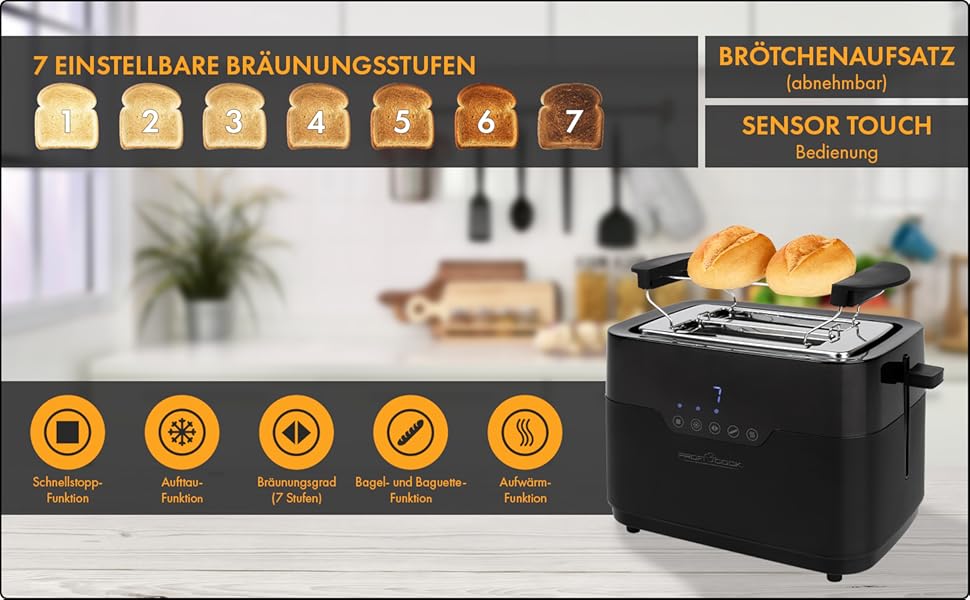 Тостер ProfiCook PC-TA 1244: 2 відділення, сенсорне управління, підігрів, хрустка скоринка | Чорний