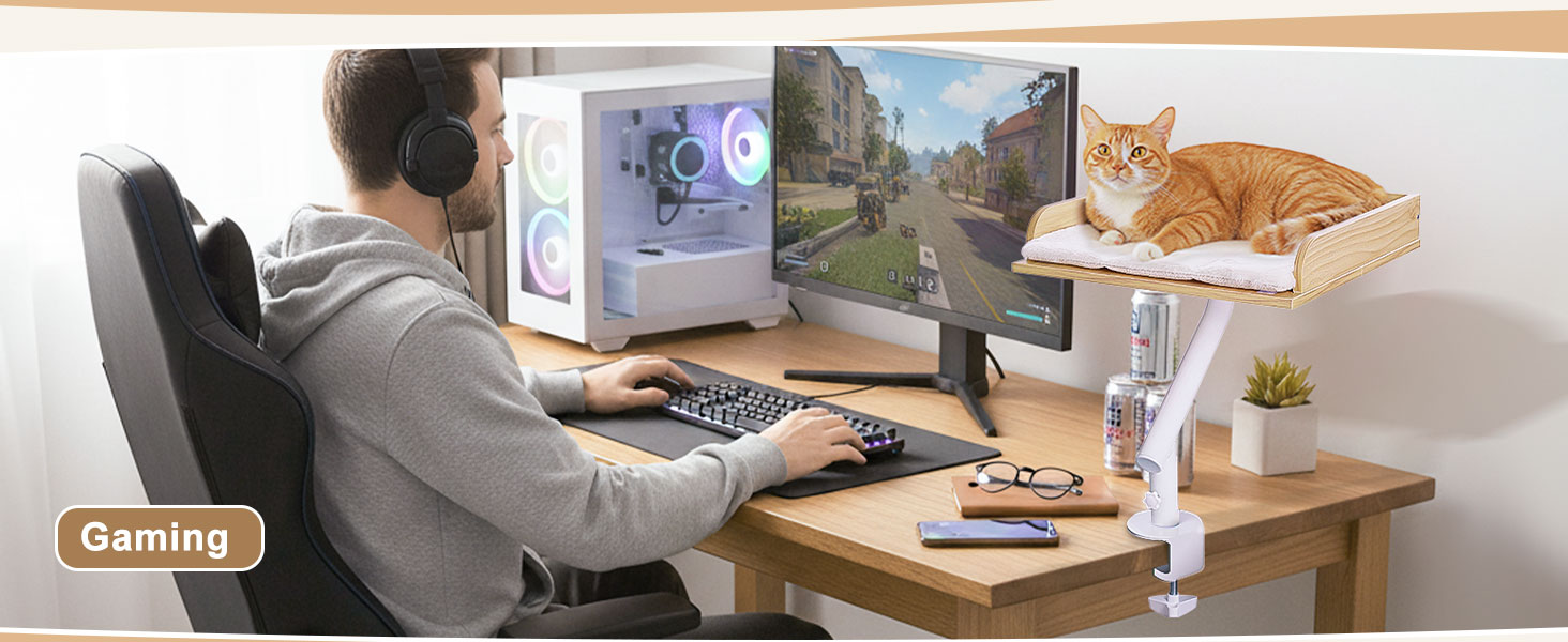 Кішка ліжко PAWZ Road для столу з інтерактивним плюшевим м'ячем, кошик для котів, 360° обертається, гамак для котів, ліжко для котів, підходить до 22.5 кг (Бежевий, прямокутний, дерев'яний)