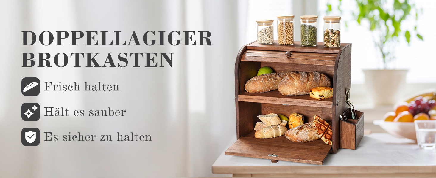 Brotbox з бамбука GUUSII HOME: велика, ретро, еко, з ролетним кришкою, двошарова, 38x25x36 см