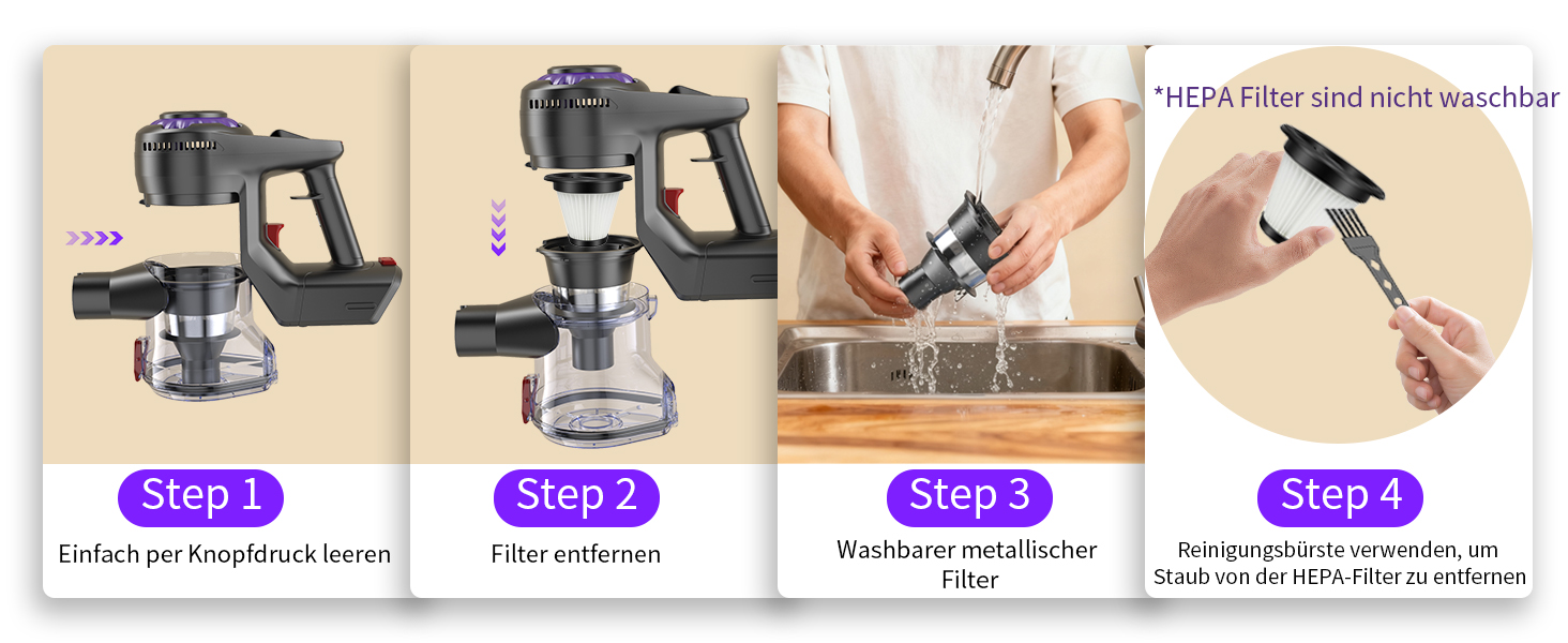 Бездротовий акумуляторний пилосос 450W, 40KPa, без мішка з HEPA-фільтром та LED-дисплеєм, антизаплутана щітка, самостійна підставка з кріпленням на стіну, час роботи 50 хв, для килимів, твердих підлог, шерсті тварин та авто