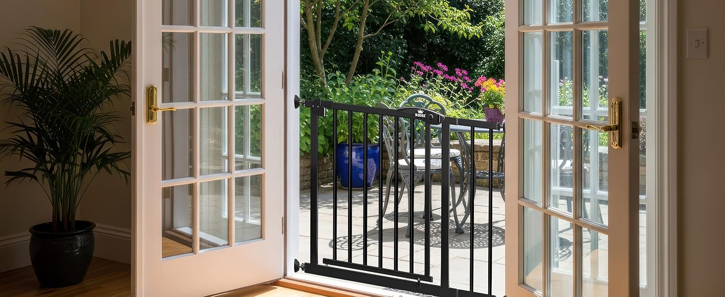 Захист для сходів KIDIZ без свердління | Ширина: 74-80 см, висота 75 см | Захист від падіння для дітей та собак | Одноручний відкривання, система Open-Stop 90°, сірий