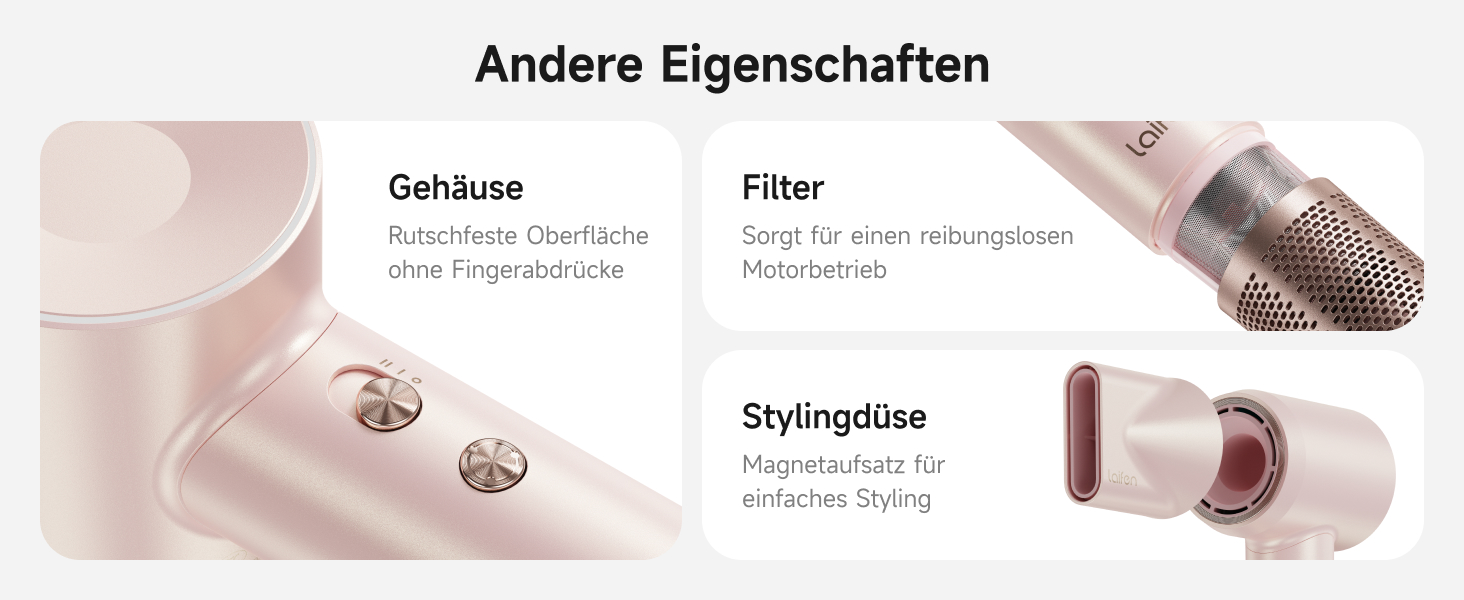 Фен Laifen з магнітною насадкою, 200 млн негативних іонів, 110 000 об/хв, Rosé Gold (Swift Premium)