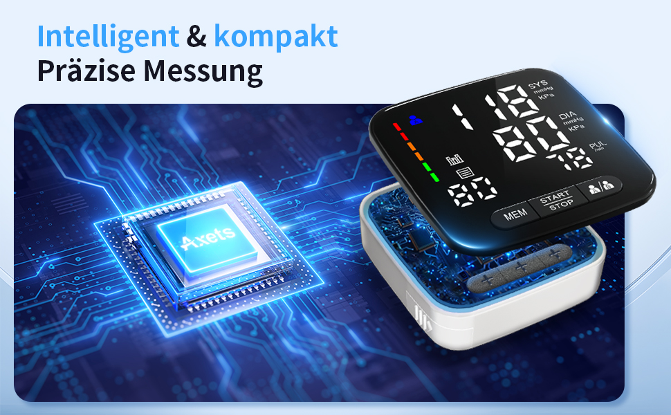 Тонометр на зап'ясті з визначенням аритмії, автоматичний, прецизійний вимір артеріального тиску та пульсу, кольоровий індикатор ризику, 2×99 місць пам'яті, для зап'ясть 13,5-21,5 см