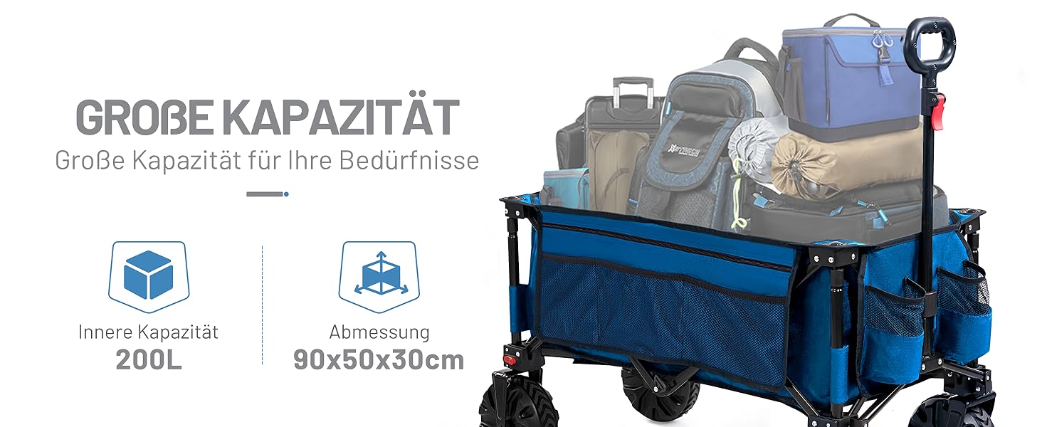 Візок пляжний Timber Ridge XXL 200л, синій: складаний, з гальмами, бічними кишенями, тримачем для напоїв, для кемпінгу та покупок (вантажність 150кг)