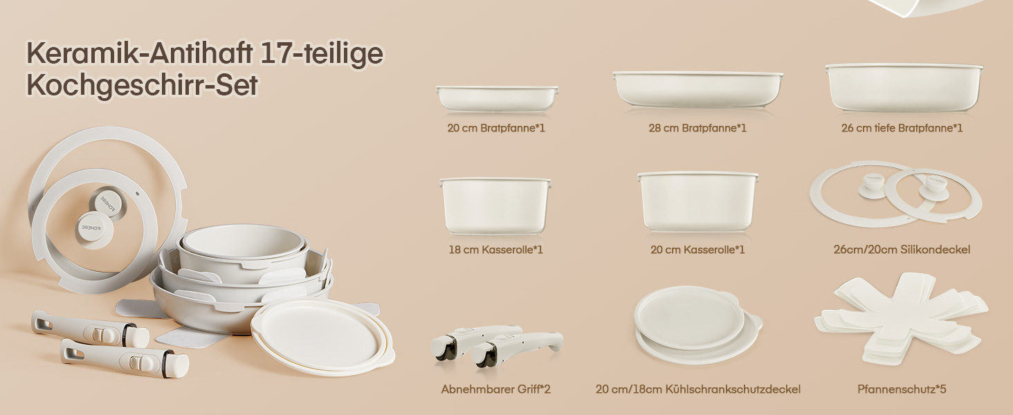 Набір посуду Fohere 16 предметів з керамічним антипригарним покриттям та знімними ручками, для індукційних плит, з кришками