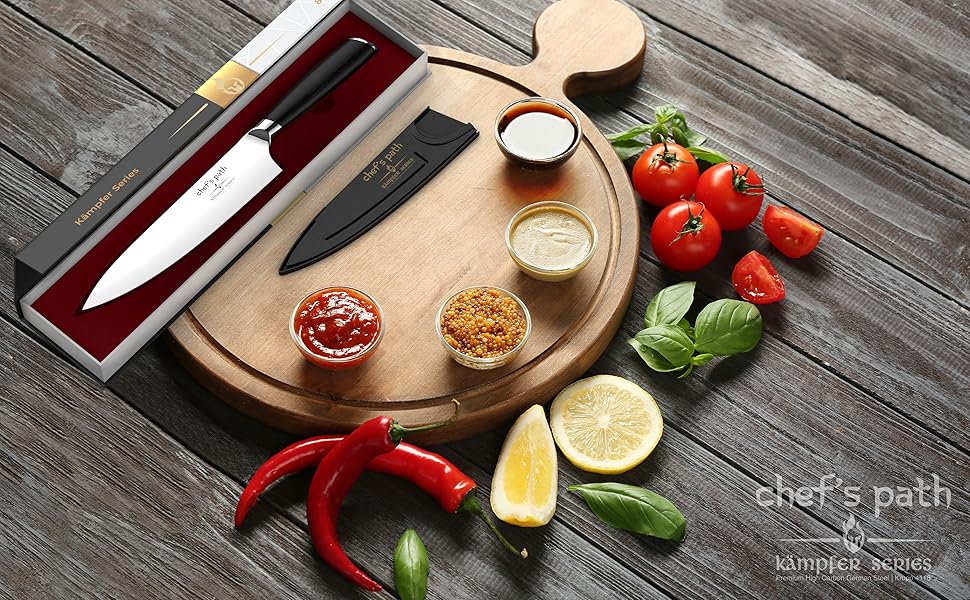 Кухонний ніж Chef's Path 20 см з німецької нержавіючої сталі — універсальний професійний ніж для м'яса, з ергономічною ручкою, чохлом і подарунковою коробкою, для різання та рубання