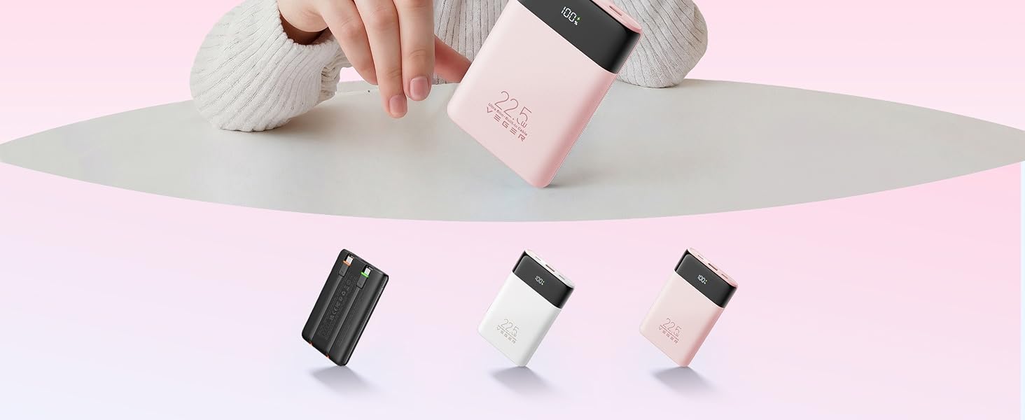 Повербанк VEGER 10000mAh 22.5W з вбудованим кабелем USB-C, рожевий