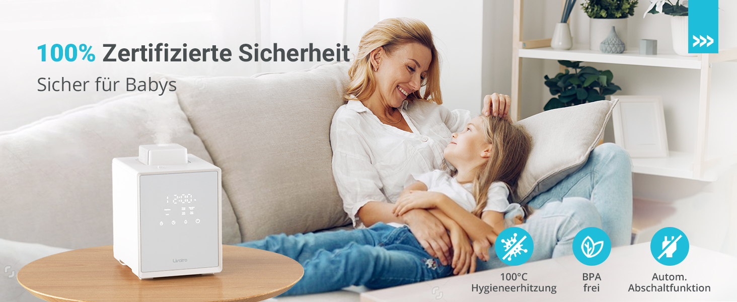 Зволожувач повітря для спальні та вітальні з верхнім заповненням, 3л, нержавіюча сталь, теплий туман, знищує 99,97% бактерій, з режимом сну, білий