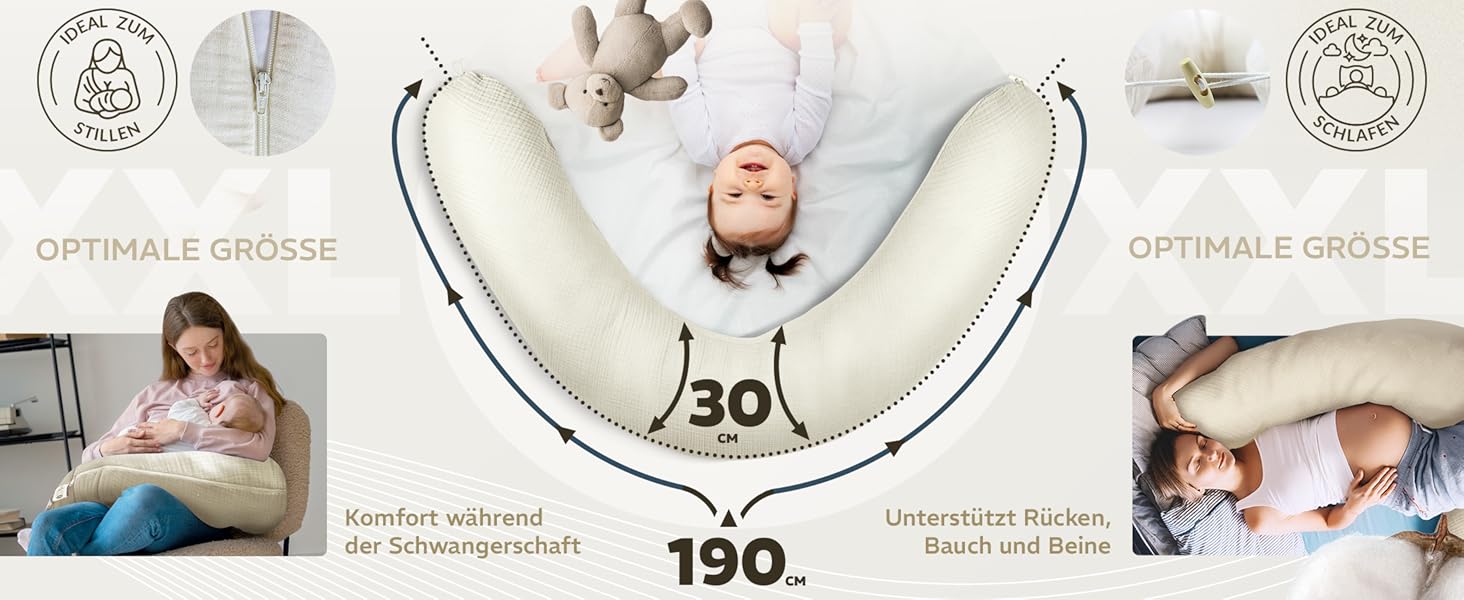 Подушка для годування sei Design XXL 190x30 см з мусліновою наволочкою, ергономічна, для вагітних, для сну на боці, комфортна подушка для дорослих, наволочка з 100% органічної бавовни муслін
