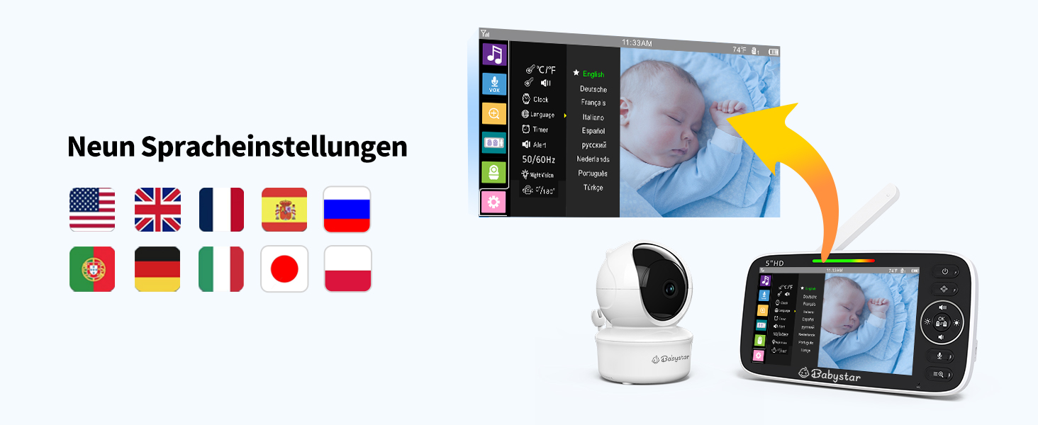 Дитячий відеоняня Babystar з камерою, 5 дюймів, 720P HD, без Wi-Fi, акумулятор 4000 mAh, Vox-функція, датчик температури, нічне бачення, 2-сторонній аудіо