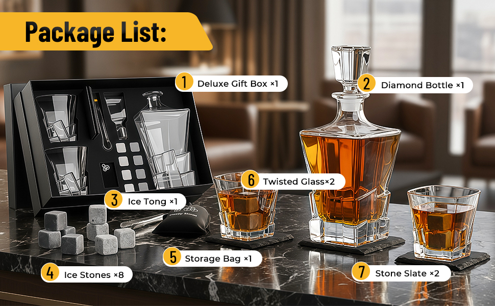 Набір віскі: декантик 800 мл, 2 келихи, 8 каменів, набір віскі та келихів