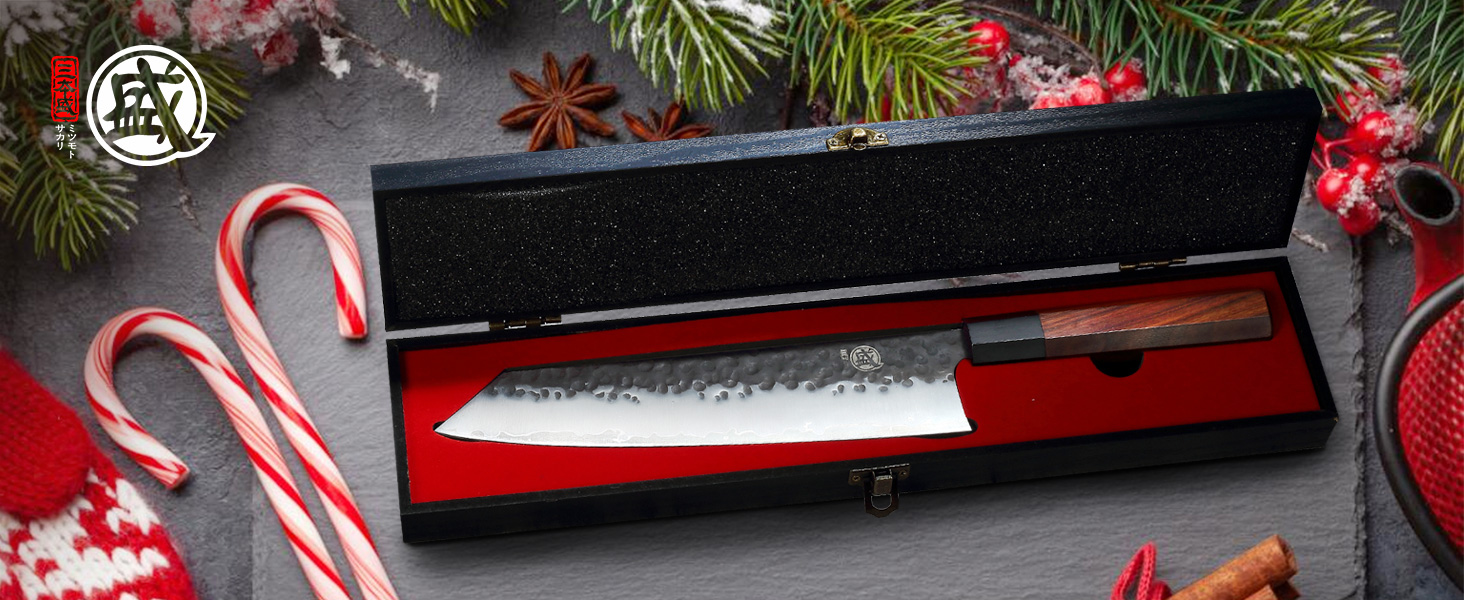 Японський ніж MITSUMOTO SAKARI Santoku 19 см з ручкою з рожевого дерева та Kiritsuke 23 см, ручне кованість, високоякісна сталь