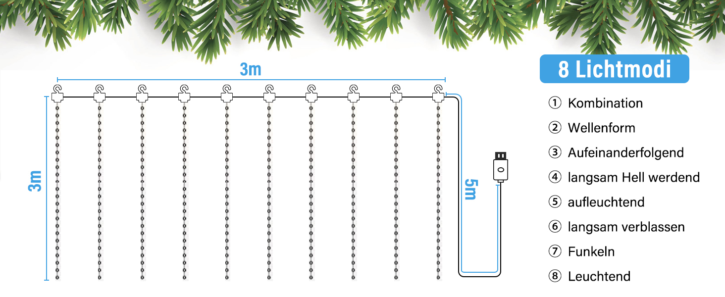 Ламповий фонтан 3x3м, 300 LED, USB, 8 режимів, пульт, IP65, для декору, свята, вечірки, тепле світло, мідний дріт