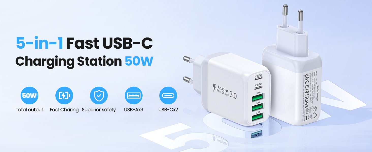 Мережевий зарядний пристрій USB-C з 5 портами, швидка зарядка, білий. Заряджає iPhone, Samsung Galaxy, Google Pixel та інші пристрої.