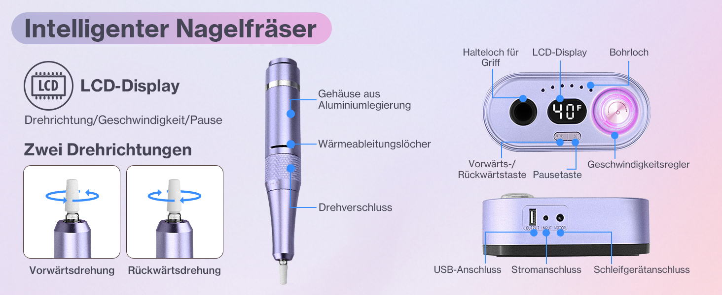 Електрична нігтьова фрезерна машинка для манікюру та педикюру, 40000 об/хв, LCD дисплей, професійний набір, фіолетовий