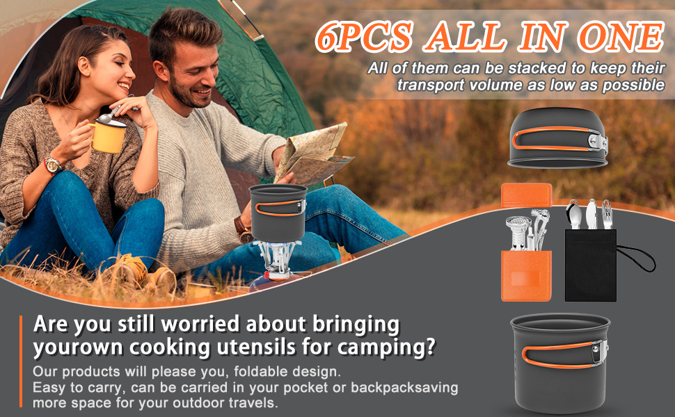 Набір посуду для кемпінгу Biliple 8-piece: каструля, сковорідка, газовa плитка, столові прибори для 1-2 осіб. Ідеально для пікніків, походів та кемпінгу.