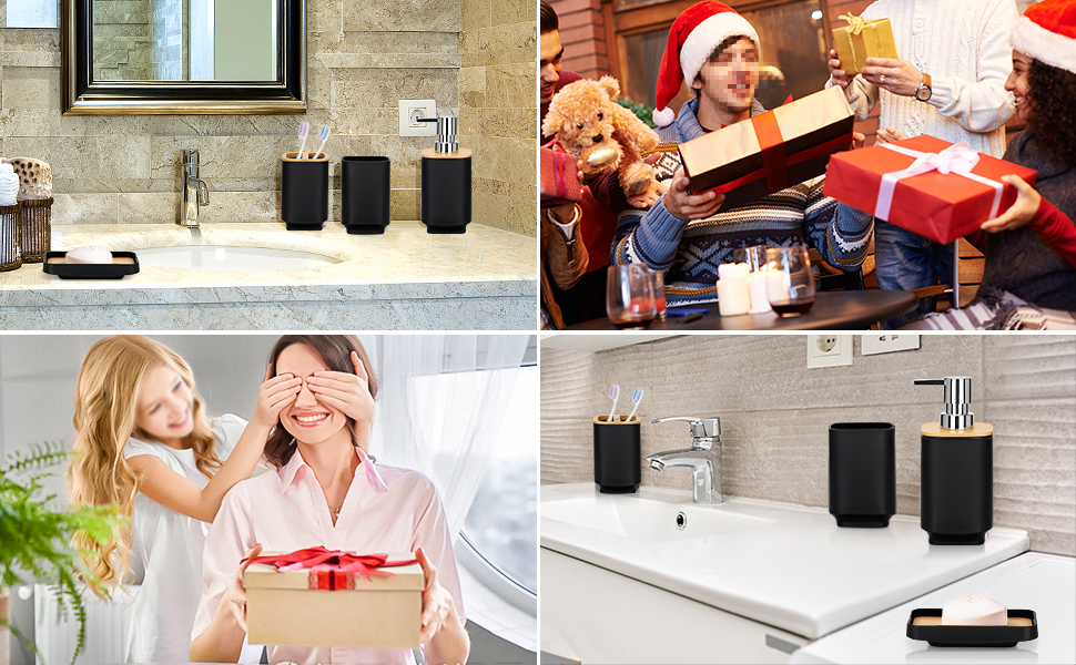 Набір аксесуарів для ванної кімнати JOTOM з бамбука, 6 шт. Сучасний дизайн: дозатор для мила, тримач для зубних щіток, стакан, мильниця, тримач для туалетного йоржика, сміттєве відро. Сірий колір