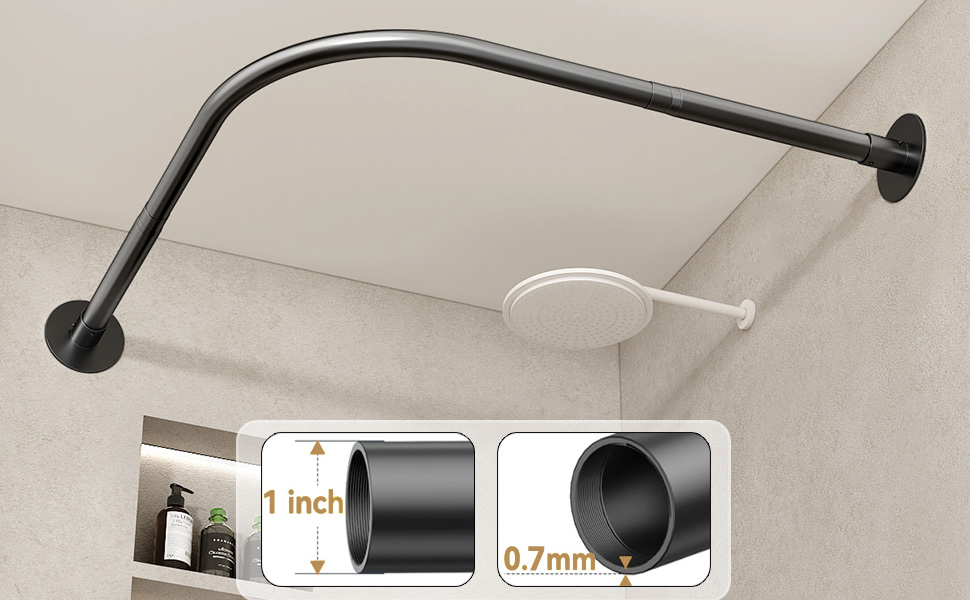Регульована штанга для душу L-подібної форми без свердління, штанга для душу з нержавіючої сталі 304, розширювана кутова штанга для душу, без кріплення до стелі, (Розмір:Колір) (Д 70-95см x 105-165см, Чорний)