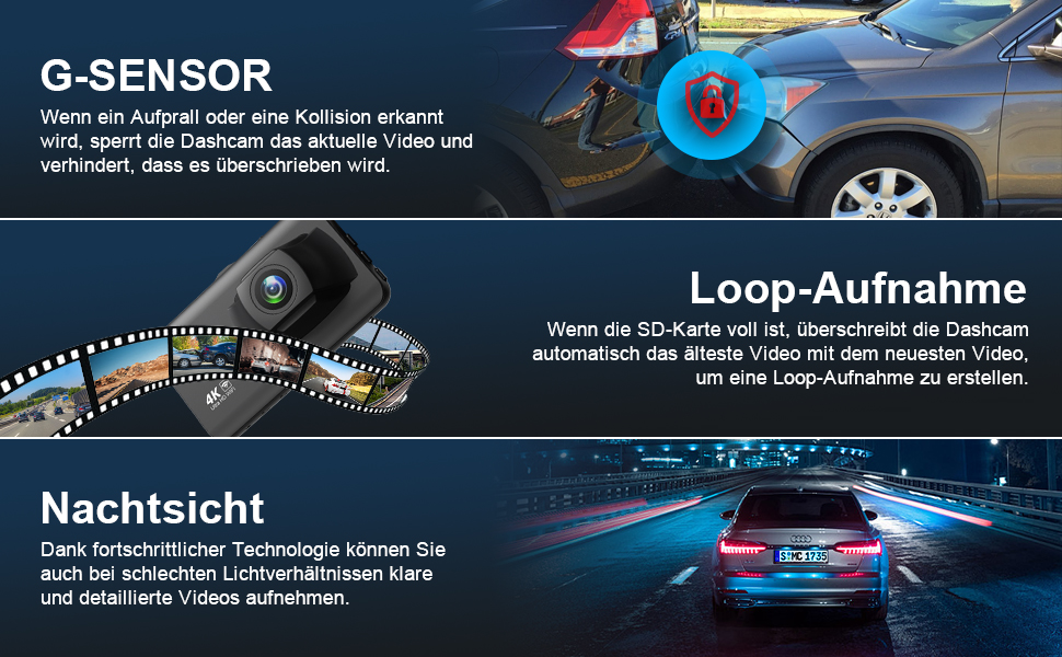 Відеореєстратор у машину Dashcam 4K з двома камерами, WiFi, 64GB SD карта, паркувальний асистент, нічне бачення, 170°+140° кут огляду, 3' IPS дисплей, G-сенсор, циклічна запис, паркування, підтримка карт до 256GB