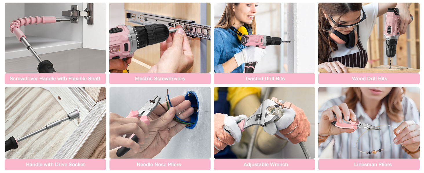 Набір інструментів Sundpey 206tlg з акумуляторною дрилем 12V для ремонту вдома та DIY, рожевий