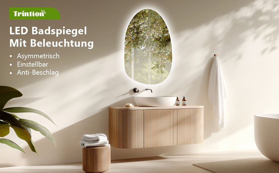 LED дзеркало для ванної кімнати з підсвічуванням 70x50 см, холодне біле світло 6000K, енергозберігаюче, диммування, проти запотівання