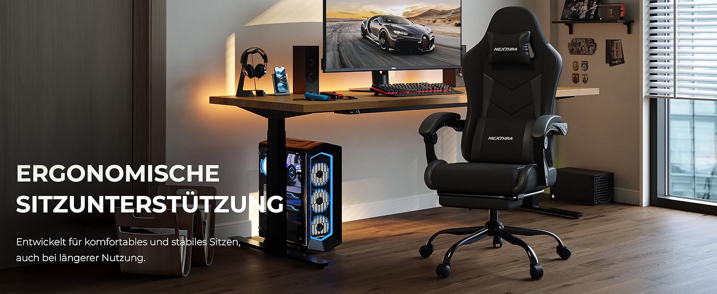 Геймерське крісло Nexthra Ergonomisch з підставкою для ніг, до 180 кг, чорне. Офісне крісло для геймінгу та роботи, регульована спинка 150°