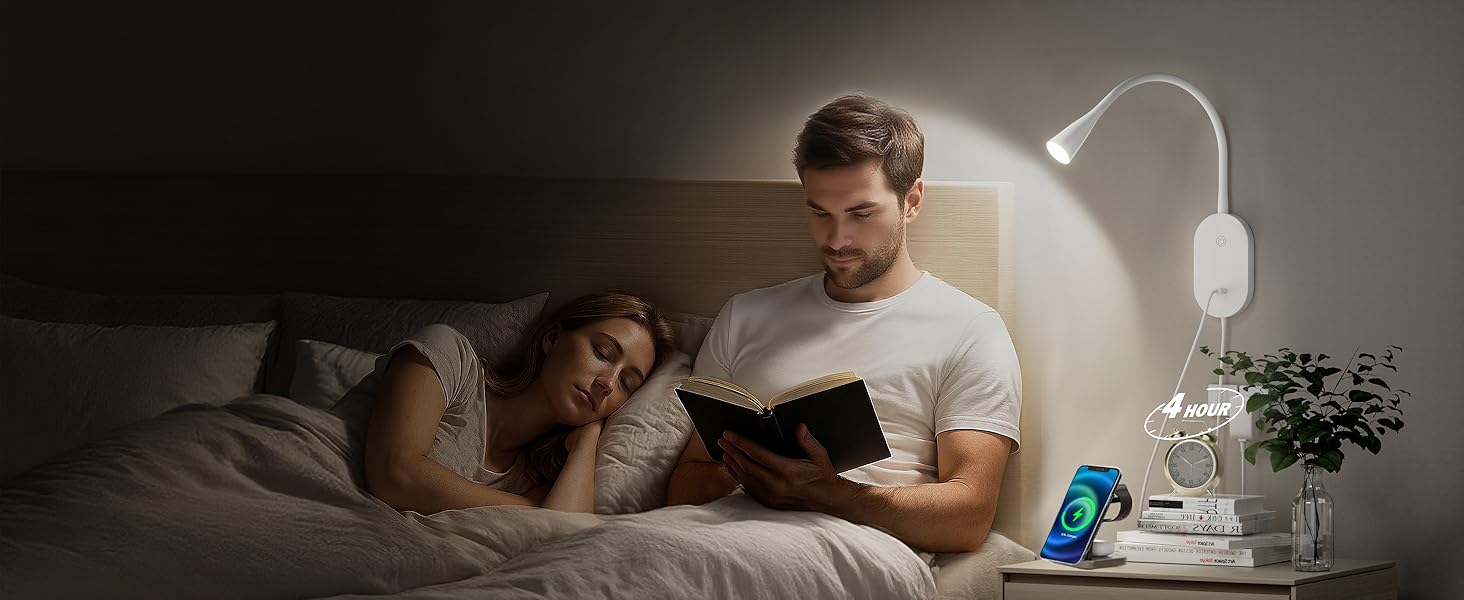 Нічник-лампа для читання Wandleuchte з USB, 5 рівнів яскравості, сенсорне керування, гнучкий кронштейн, білий