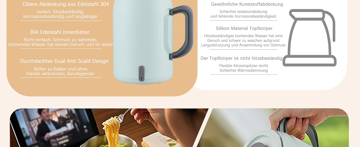 Електричний чайник 0.9л з нержавіючої сталі 304, 1360W, швидке кип'ятіння за 4-6 хвилин, класичний компактний дизайн, кнопка вмикання в один дотик, автоматичне відключення та захист від перегріву, для дому, офісу та любителів кави (світло-зелений)