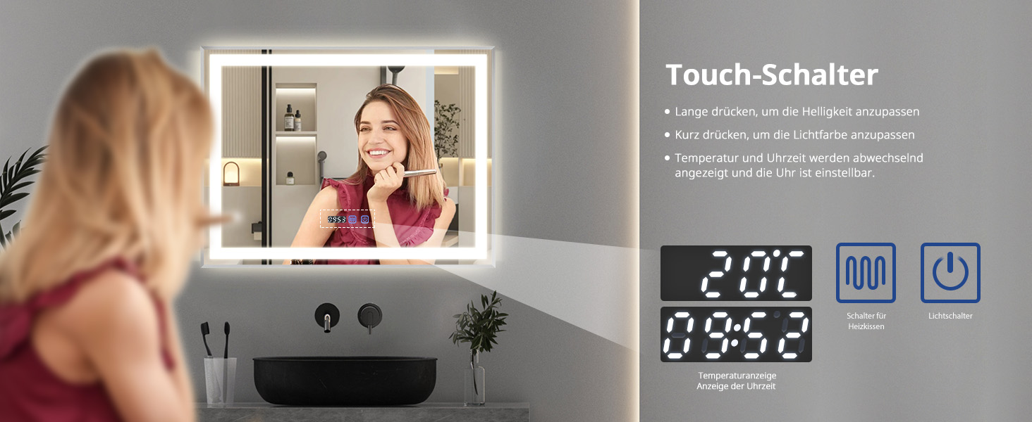 Дзеркало для ванної кімнати YU YUSING з підсвічуванням 60x80 см, протизапітніння, 3 кольори світла, регулювання яскравості, LED, годинник, IP44, металевий каркас, вертикальне, срібне