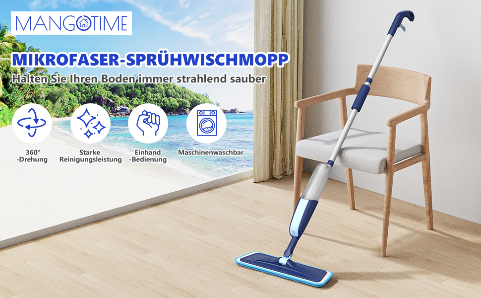 Швабра з розпилювачем MANGOTIME: швабра з розпилювачем, швабра для підлоги з баком та 3 накладки для швидкого миття твердих підлог (блакитна)
