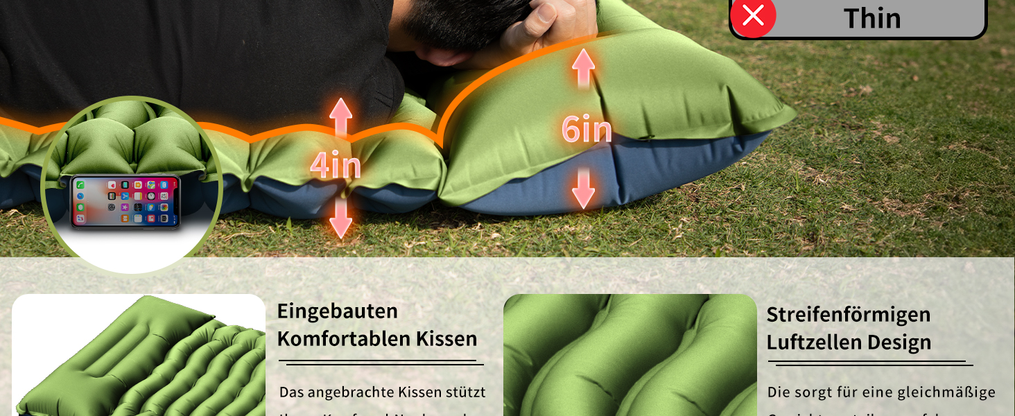 Надувний килимок для кемпінгу Isomatte з самонадуваванням, 10 см заввишки, з помпою та подушкою для відпочинку на природі, кемпінгу, походу, велосипедного туризму та відпочинку в наметі