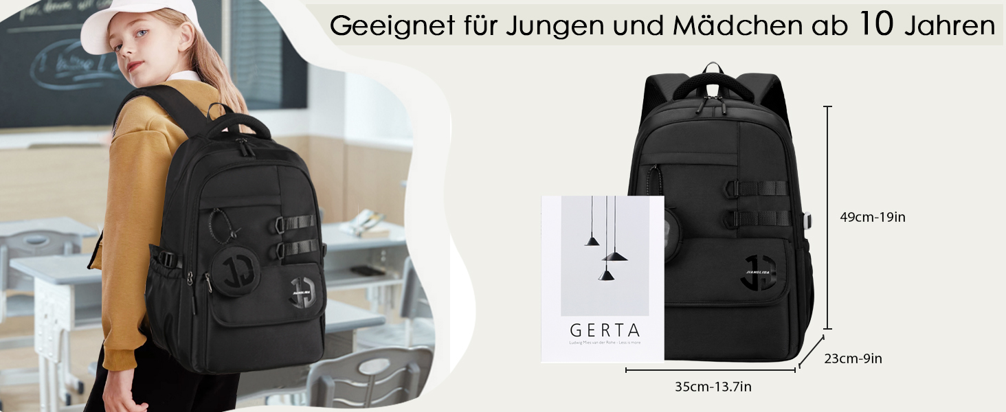 Водонепроникний шкільний рюкзак JANSBEN для підлітків (хлопців та дівчат), багатоклековий дизайн для школи та подорожей, ідеальний для 5 класу, чорний