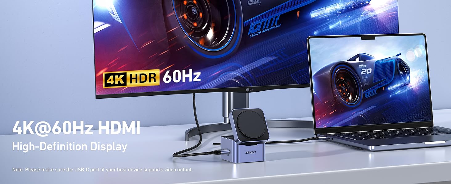 BENFEI 3-в-1 Станція зарядки MagSafe з USB-C хабом – для iPhone 16/15/14/13/12, Apple Watch та AirPods. HDMI (4K@60Hz), 100W PD, 2x USB 3.0 (5Gbps)