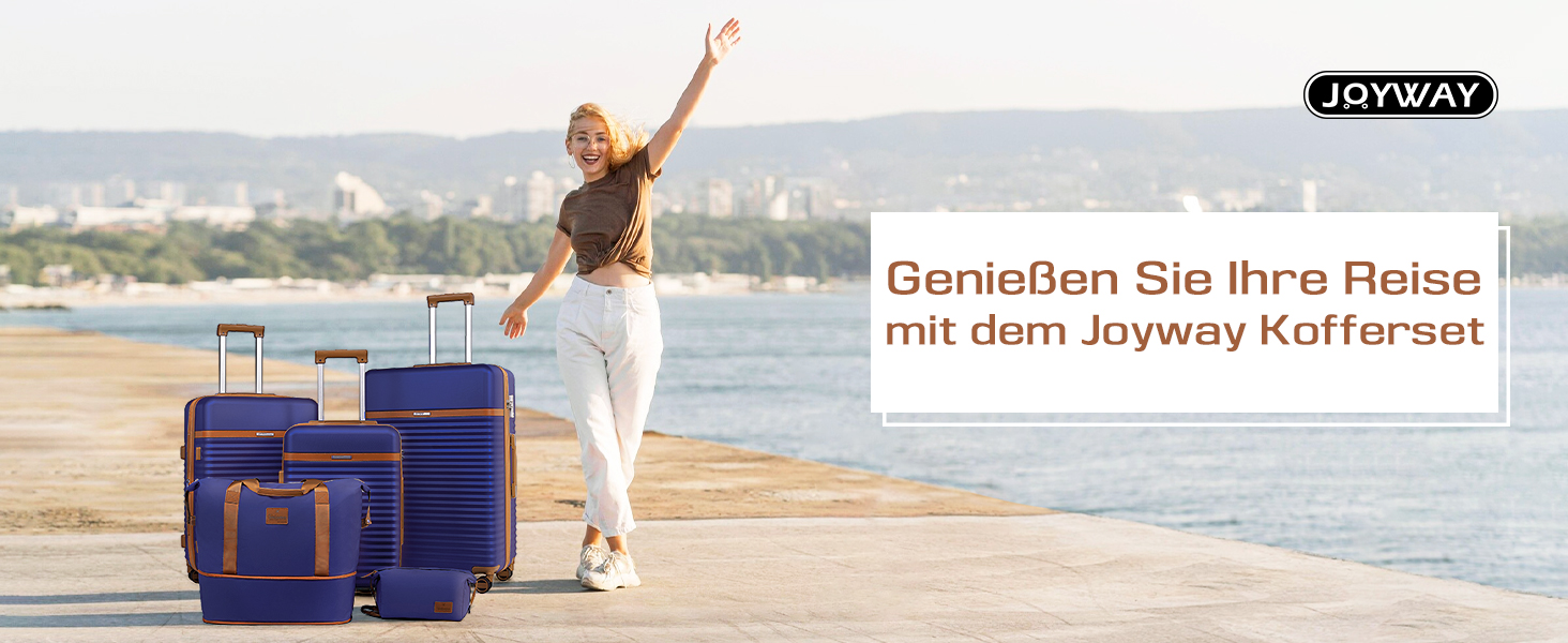 Набір валіз Joyway з ABS-пластику, 5 предметів, з розширювальною функцією, 4 колеса, TSA-замок, білий (темно-синій)
