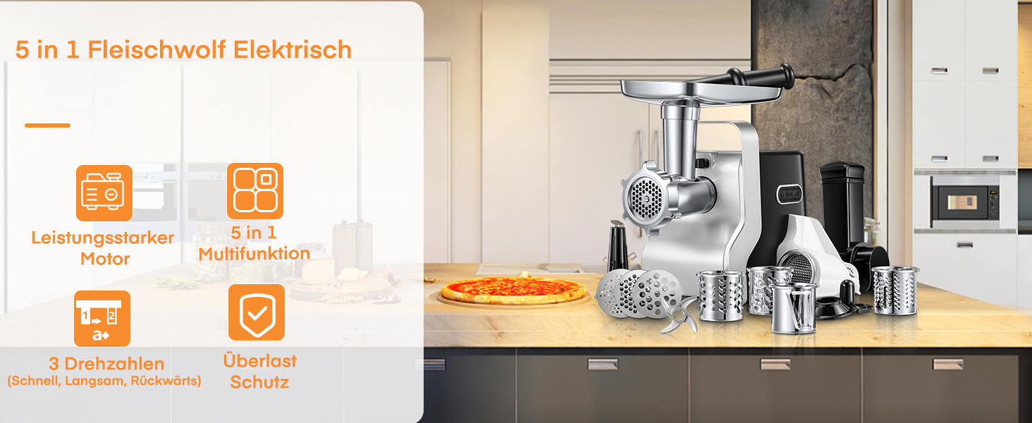 Electric Meat Grinder 5-in-1 - 700W Power, 2800W Max Blocking Capacity, Stainless Steel Grinding Plates (3, 5, 7mm), Sausage Maker, Kubbe Attachment, Black