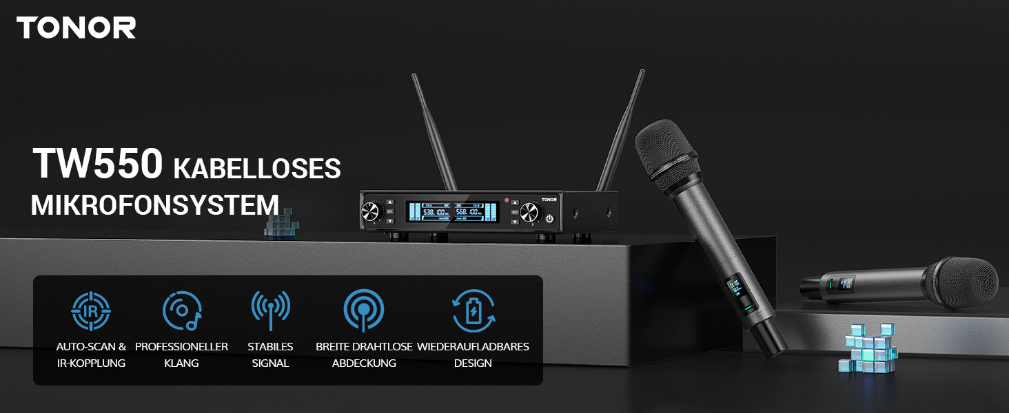 TONOR TW550 Бездротовий мікрофонний комплект з функцією автосканування, PRO-UHF, 2 мікрофони, 80 м радіус дії, 6,35 мм/3,5 мм, для караоке, вечірок, церкви, DJ