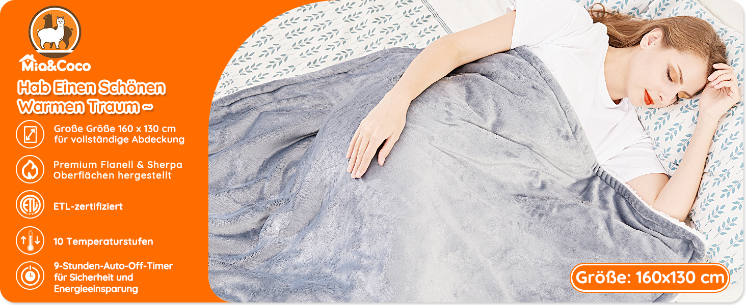 Електрична ковдра Mia&Coco з автовимкненням 180x130 см, 10 температурних режимів, таймер 9 годин, захист від перегріву, пральна машина, фланелева ковдра для ліжка, дивана та вітальні, сіра (130x160 см, сіра)