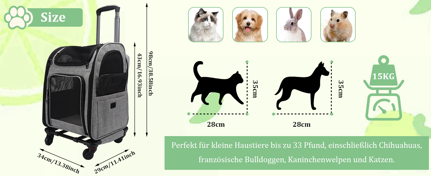 Транспортна переноска для котів та собак на колесах, 360° обертання, з кишенями, вантажний візок-рюкзак, портативна та дихаюча, для маленьких собак та середніх котів до 15 кг